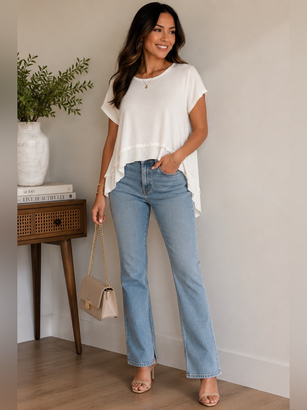 AVA & JAMES White Short Sleeve Layered-Hem Blouse